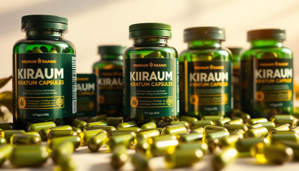 A neatly arranged display of premium kratom capsules in various shades of green, illuminated by warm, natural lighting. The capsules are shown in the foreground, with a clean, neutral background that allows the products to take center stage. The capsules are presented in an organized, visually appealing manner, conveying a sense of quality and professionalism. The overall atmosphere is one of a high-end, specialized kratom supplement supplier, highlighting the top-rated strains available in bulk for the discerning consumer.