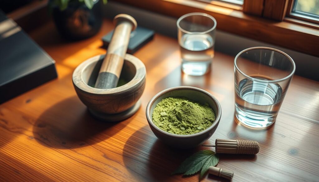 A neatly organized wooden desk with a mortar and pestle, a ceramic bowl filled with green powder, and a glass of water on the side. Warm, natural lighting filters through a nearby window, casting a soft glow over the scene. The arrangement conveys a sense of focus and mindfulness as the user carefully measures and prepares the Super Indo Kratom. The scene exudes a serene, wellness-oriented atmosphere, emphasizing the safe and responsible usage of this natural supplement.