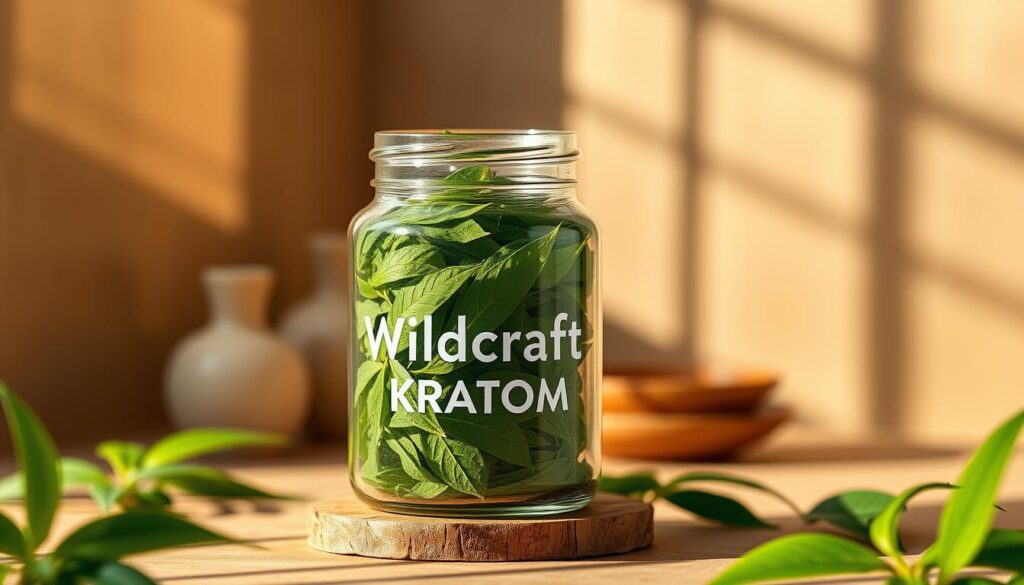 A serene and inviting online store display showcases a pristine glass jar filled with the vibrant green leaves of Wildcraft Kratom. The jar sits atop a natural wood surface, bathed in warm, natural lighting that accentuates the herb's rich hues. In the background, a minimalist, earthy-toned backdrop creates a calming, spa-like atmosphere, allowing the Wildcraft Kratom to take center stage. The composition is balanced, highlighting the quality and purity of this premium kratom brand, inviting the viewer to explore and purchase this natural botanical with confidence.