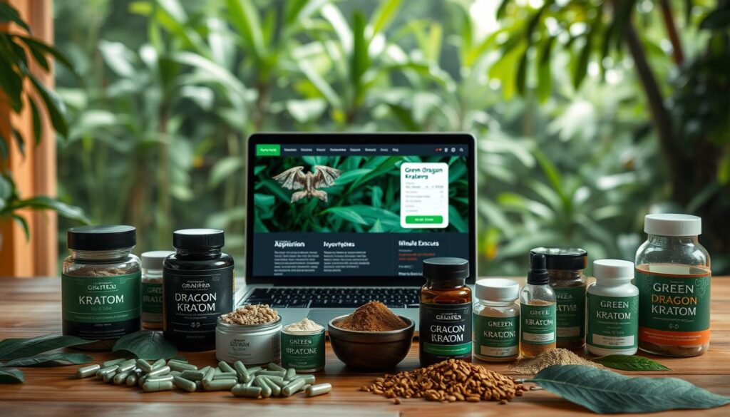 A serene online marketplace, the foreground showcasing an assortment of high-quality green dragon kratom products - capsules, powders, and extracts, all neatly displayed against a warm, natural wood backdrop. In the middle ground, a laptop displays product details, customer reviews, and secure checkout options, while the background features a calming landscape of lush, verdant foliage, hinting at the botanical origins of this unique botanical supplement. Soft, diffused lighting bathes the scene, creating a welcoming and trustworthy atmosphere, inviting the viewer to explore and discover the beneficial potential of green dragon kratom.