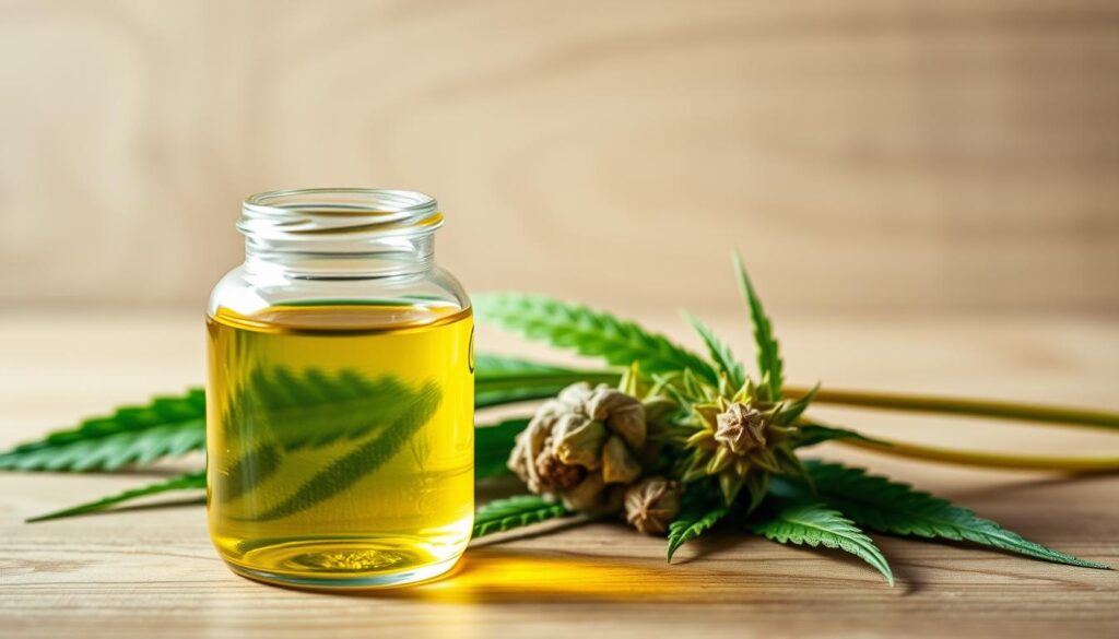 A serene still life composition showcasing a natural CBD product as an alternative to kratom. In the foreground, a glass jar filled with organic CBD oil glistens under soft, diffused lighting. The middle ground features dried kratom leaves and a few CBD-rich hemp buds, contrasting the vibrant green hues. In the background, a wooden surface with a minimalist, earthy aesthetic creates a calming atmosphere. The overall scene conveys a sense of natural wellness, offering a plant-based solution for pain relief, relaxation, and anxiety reduction.