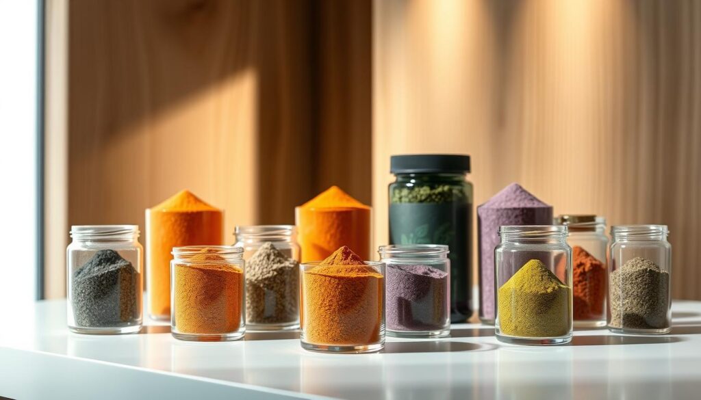 A sleek, modern table display showcasing an array of premium nano kratom products. In the foreground, glass jars filled with fine, powdery kratom of varying hues, backlit to reveal their vibrant colors. Behind them, a minimalist wooden backdrop, with textured surfaces and clean lines, conveying a sense of natural elegance. Soft, diffused lighting gently illuminates the scene, casting subtle shadows and highlighting the product details. The overall atmosphere is one of high-quality, innovative, and health-conscious botanical offerings, inviting the viewer to explore the diverse nano kratom formats available.