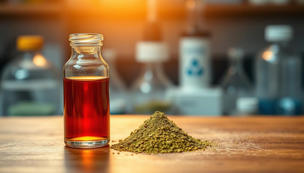 A still life scene showcasing the contrast between kratom extract and powder, under warm, natural lighting. In the foreground, a glass vial filled with a rich, amber-colored kratom extract is placed alongside a small pile of green kratom powder on a wooden surface. The middle ground features a blurred background of laboratory equipment, subtly hinting at the scientific and regulatory aspects of the topic. The overall composition conveys a sense of quality, safety, and the importance of sourcing from reputable providers when exploring the differences between these two forms of kratom.