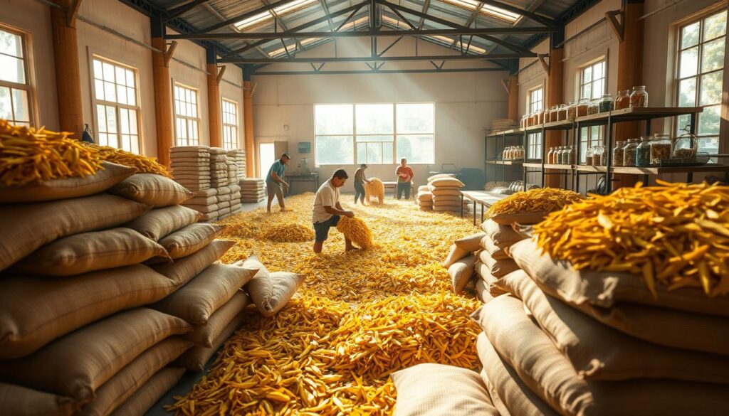 A sun-dappled indoor space, filled with the earthy aroma of drying yellow vein kratom leaves. In the foreground, stacks of large jute sacks, their golden contents meticulously sorted and processed. The middle ground reveals workers carefully tending to the leaves, turning and monitoring the drying process with practiced movements. Soft, natural lighting filters through large windows, casting a warm glow and highlighting the vibrant hues of the kratom. In the background, wooden shelves and tables hold jars and containers, each holding the specialized fermentation stages that give this variety its unique properties. An atmosphere of quiet dedication and traditional craftsmanship pervades the scene.