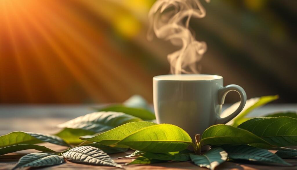 A tranquil still life depicting the synergistic interaction between kratom leaves and a steaming cup of coffee. The kratom leaves are placed prominently in the foreground, their rich green hues contrasting against the warm, earthy tones of the freshly brewed coffee. The coffee cup is positioned in the middle ground, steam gently rising from the surface, hinting at the inviting aroma. In the background, a serene, softly-lit setting evokes a sense of contemplation and mindfulness. Rays of warm, diffused light bathe the scene, creating a calming, introspective atmosphere. The composition is balanced and harmonious, reflecting the complementary nature of these two distinctive yet complementary substances.