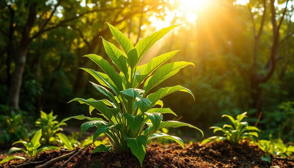 A verdant, organic green dragon kratom plant stands tall against a serene, natural backdrop. Lush, emerald leaves gracefully unfurl, emanating a vibrant, earthy aroma. The plant's robust stems, cradled by rich, loamy soil, convey a sense of vitality and purity. Warm, golden sunlight filters through the canopy, casting a gentle glow upon the specimen. The scene is captured through the lens of a high-resolution camera, showcasing the plant's intricate details and vibrant hues with clarity and precision. This image encapsulates the essence of organic, high-quality green dragon kratom - a true testament to the power and beauty of nature's botanical gifts.