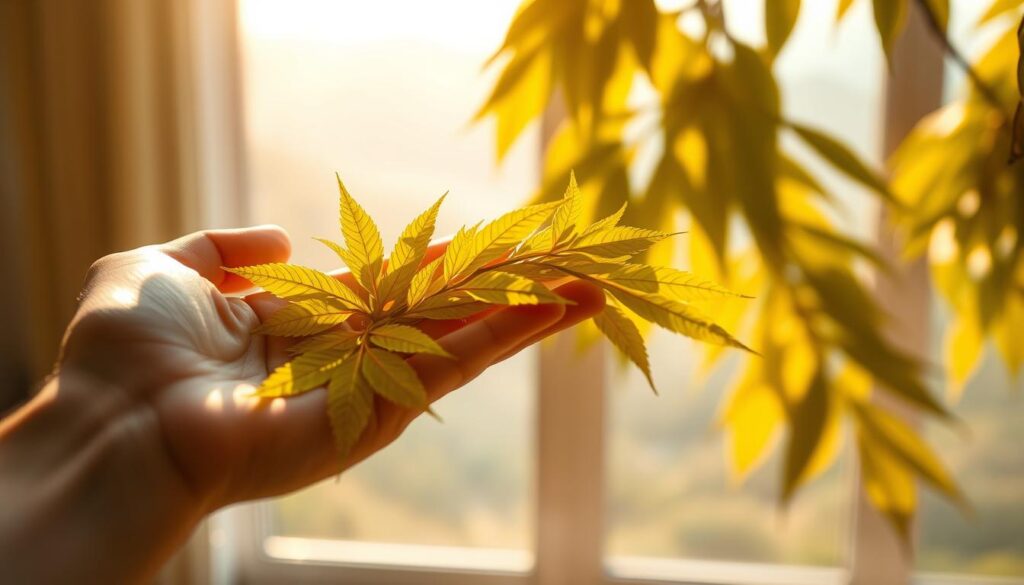 A vibrant and captivating scene of the effects of yellow kratom. In the foreground, a hand gently holds a handful of the lush, green kratom leaves, their golden hues radiating a warm, soothing glow. In the middle ground, a serene, tranquil environment unfolds, with a soft, diffused natural light filtering through a window, casting a gentle, comforting ambiance. In the background, a hazy, dreamlike landscape suggests a sense of mental clarity and focus, reflecting the potential benefits of yellow kratom. The overall composition conveys a harmonious, calming atmosphere, capturing the essence of the plant's effects on the mind and body.