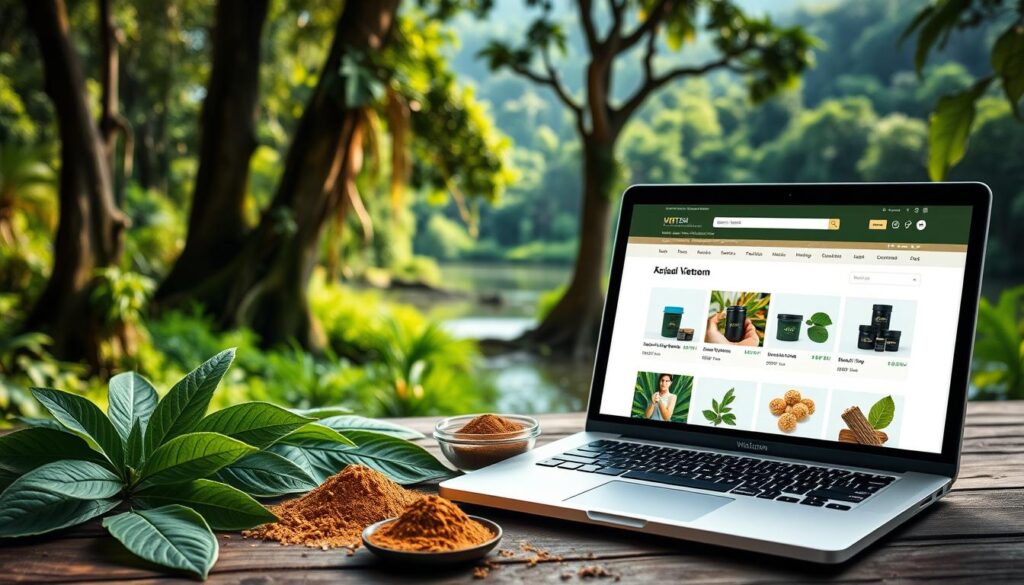 A vibrant and inviting online marketplace showcasing a variety of high-quality Vietnam kratom products, captured in a soft, natural light. In the foreground, several authentic kratom leaf specimens and powder samples are displayed on a rustic wooden table, creating a sense of transparency and authenticity. The middle ground features a laptop with an e-commerce website featuring sleek product images and an intuitive user interface, reflecting a seamless and secure online shopping experience. In the background, a lush, verdant landscape with towering trees and a serene river evokes the natural origins of the kratom plant, conveying a sense of harmony and wellness.