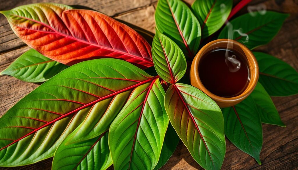 A vibrant, full-spectrum display of wild-harvested kratom leaves, meticulously arranged on a rustic wooden surface. The leaves, in shades of deep green and vivid red-veined hues, cast intricate shadows under soft, natural lighting. The composition emphasizes the botanical complexity and rich alkaloid profiles inherent in this ancient, medicinal plant. Wisps of steam rise from a nearby ceramic cup, hinting at the transformative experience of consuming this potent, full-spectrum extract. The overall scene conveys a sense of purity, authenticity, and the profound benefits of engaging with nature's botanical treasures.