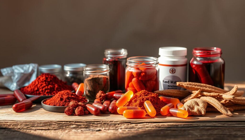 A vibrant still life featuring an array of red dragon kratom forms arranged on a rustic wooden surface. In the foreground, an assortment of kratom powder, capsules, and gummies in various shades of red and orange. Diffused natural lighting casts warm shadows, highlighting the textural details of the products. In the middle ground, a few glass jars containing deep red kratom extracts, their contents glistening. The background is a simple, neutral backdrop, allowing the focus to remain on the diverse range of kratom forms. The overall composition conveys a sense of natural wellness and the versatility of this herbal supplement.