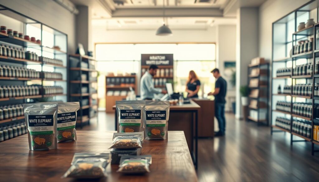 A well-lit, modern retail shop interior with shelves displaying various kratom products, including the distinctive white elephant strain. The foreground features a wooden display table with neatly arranged packages of white elephant kratom, while the middle ground shows knowledgeable sales staff assisting customers. The background showcases a clean, minimalist design with natural lighting filtering through large windows, creating a sense of transparency and trustworthiness. The overall atmosphere conveys a high-quality, reputable kratom vendor dedicated to providing reliable, ethically sourced products.