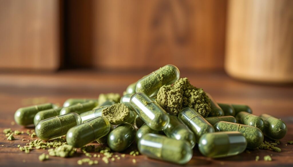 Crisp close-up shot of affordable kratom capsules in natural lighting. Foreground shows a pile of high-quality green kratom powder in capsules, their translucent shells revealing the contents. Middle ground features a wooden surface with a simple backdrop, conveying a sense of quality and craftsmanship. Warm, earthy tones create a calming, inviting atmosphere. Soft shadows and highlights accentuate the texture and shape of the capsules, highlighting their premium, natural appearance. The overall composition emphasizes the affordability and premium nature of the product, aligning with the article's focus on high-quality, budget-friendly kratom.