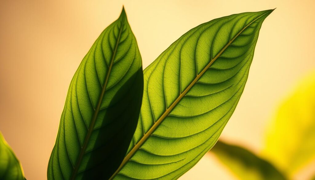 High resolution, macro photography of green Borneo kratom leaves against a soft, blurred background. The leaves are displayed prominently in the foreground, showcasing their vibrant green color and intricate vein patterns. Soft, warm lighting illuminates the leaves from the side, creating gentle shadows and highlights that accentuate their natural texture and form. The background is deliberately out of focus, creating a sense of depth and drawing the viewer's attention to the detailed features of the kratom leaves. The overall composition is balanced and visually appealing, inviting the viewer to appreciate the quality and unique characteristics of the green Borneo kratom strain.