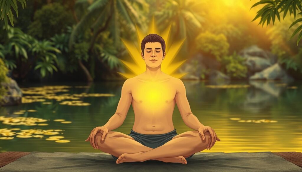 a detailed illustration of the effects of yellow kratom, depicting a person's physical and emotional state after responsible consumption. in the foreground, a person sits calmly, with a serene expression, radiating a sense of well-being. their posture is relaxed, and they appear focused and present. in the middle ground, glowing golden-yellow energy emanates from the person, symbolizing the uplifting and soothing effects of the plant. in the background, a tranquil natural setting with lush greenery, calming waters, and a warm, golden-hued lighting create a peaceful, restorative atmosphere. the overall mood is one of calm, clarity, and balanced well-being.