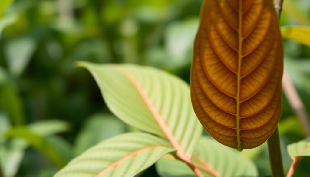 a high-quality, premium bumblebee kratom specimen, shot in a soft, natural lighting and photographed from an angled, close-up perspective to capture the intricate details and vibrant colors of the leaves. The kratom leaves are displayed in the foreground, with a blurred, verdant background suggesting a lush, tropical environment. The image conveys a sense of purity, potency, and the natural wellness associated with this exceptional kratom strain.