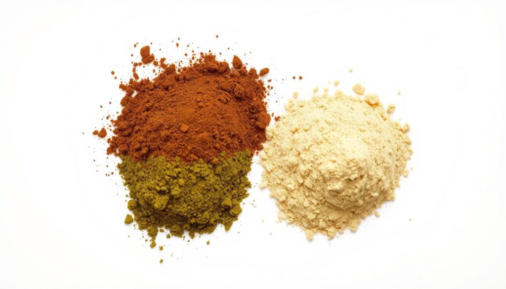 a high-resolution close-up photograph of two small piles of powdery substances, one pile is green-colored kratom powder and the other pile is a dark brown extract of kratom, both piles are arranged against a clean white background, the lighting is bright and evenly distributed, the focus is sharp and the image has a crisp, detailed appearance, the texture and visual properties of the powders are clearly visible, the overall mood is clinical and informative, conveying the key differences between kratom powder and extract